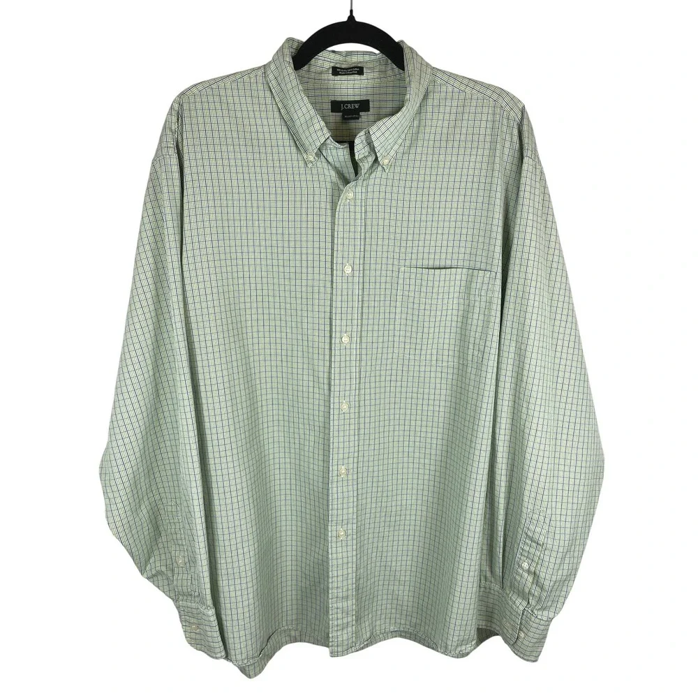 J Crew Mens XL 17-17.5 Shirt 100s 2-Ply Cotton Green Blue Check Button Down